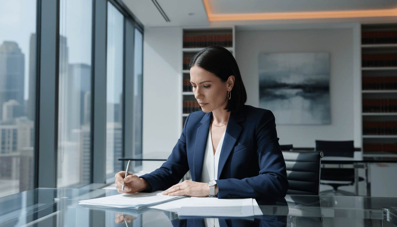 Female attorney at desk in law office